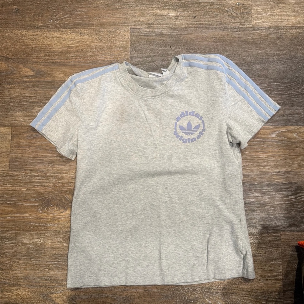 Adidas Women's Gray Tee with Blue Stripes